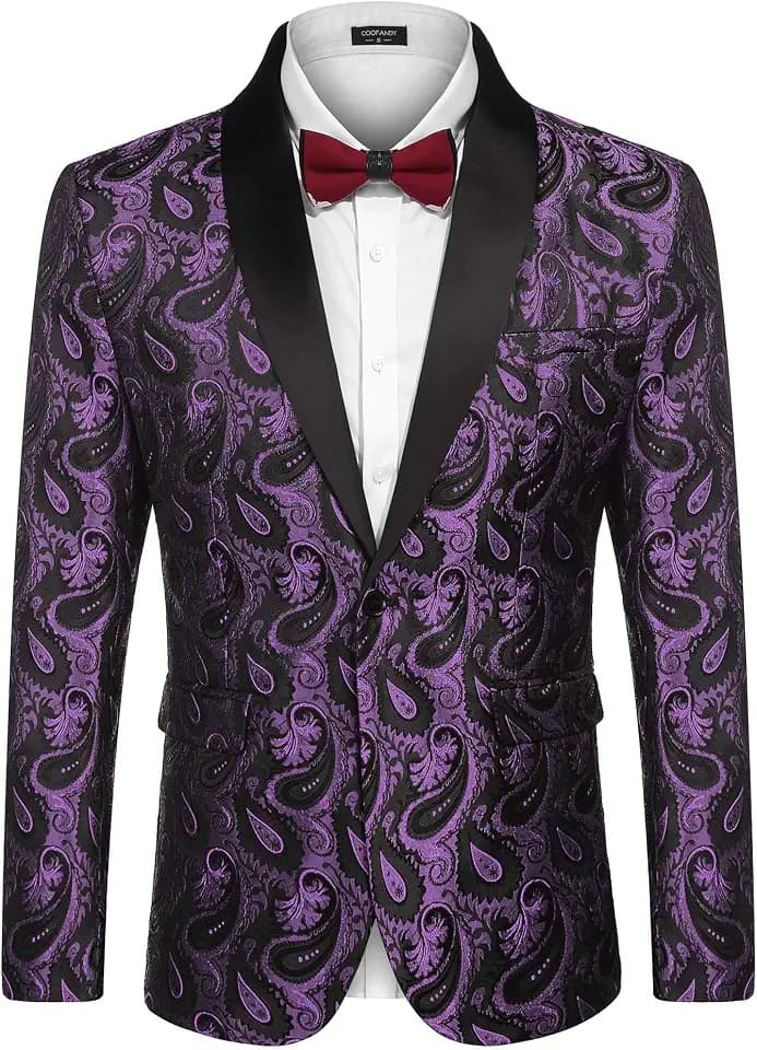 COOFANDY Florale Smokingjacke mit Paisleymuster, Schal, Revers, Anzug, Blazer, Jacke für Abendessen, Abschlussball, Hochzeit, Violett, S
