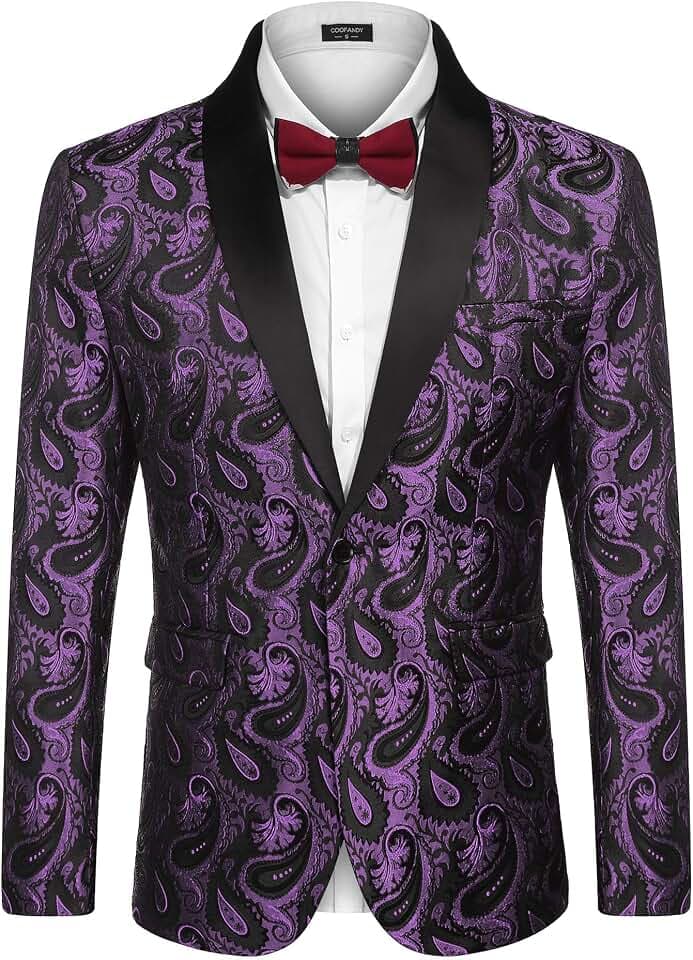 COOFANDY Florale Smokingjacke mit Paisleymuster, Schal, Revers, Anzug, Blazer, Jacke für Abendessen, Abschlussball, Hochzeit, Violett, XX-Large