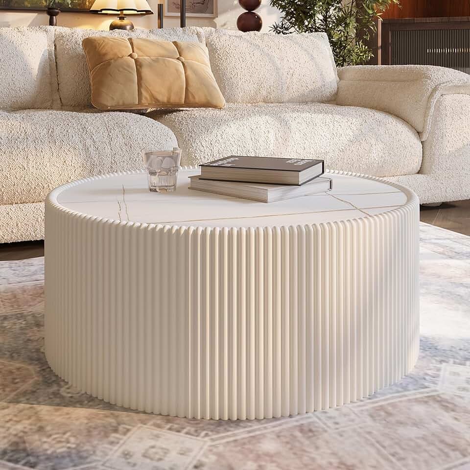 GDFStudio Modern Round Coffee Table, Luxury Sintered Stone Top Circle Coffee Table with PU Leather Drum Base, Creative Shape Small Tables for Living Room Side Tables, Fully Assembled, Milk White-Large