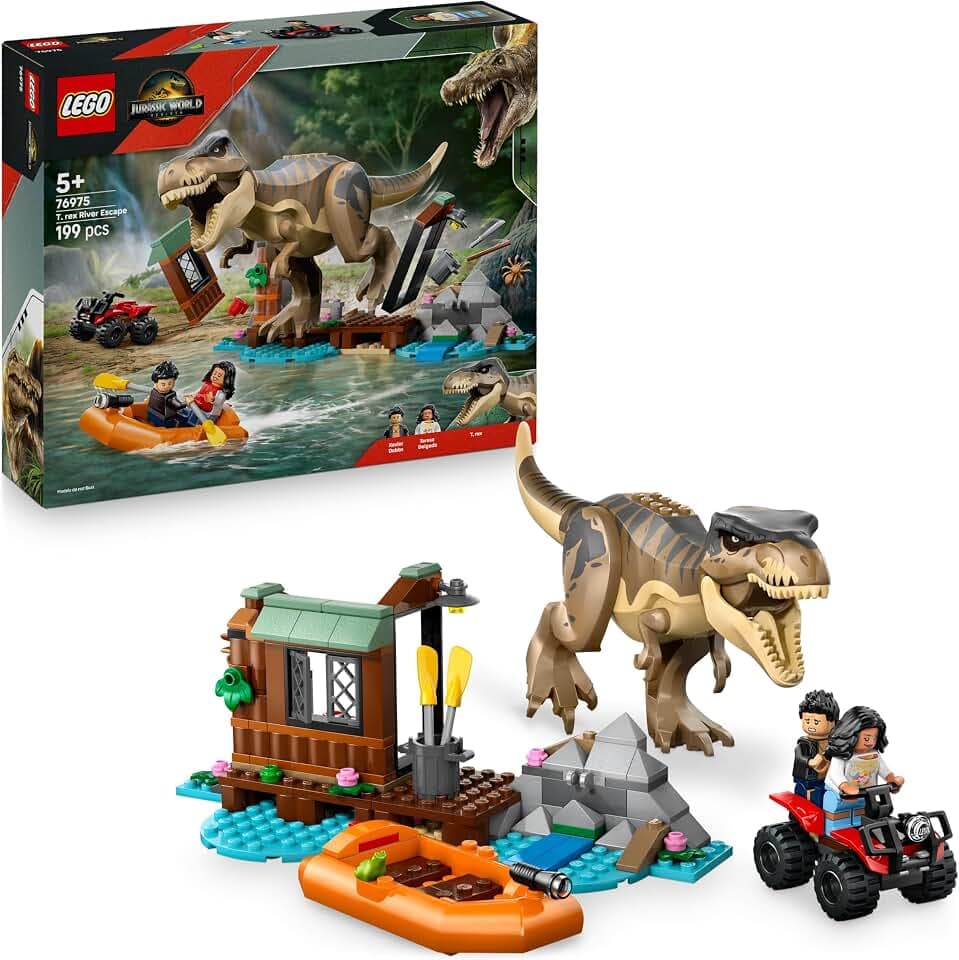 LEGO Jurassic World Flucht vor dem T.Rex – Interaktives Spielzeug mit Dinosaurier-Figur, Boot, ATV und 2 Minifiguren – Geschenk für Jungen und Mädchen ab 5 Jahren – 76975