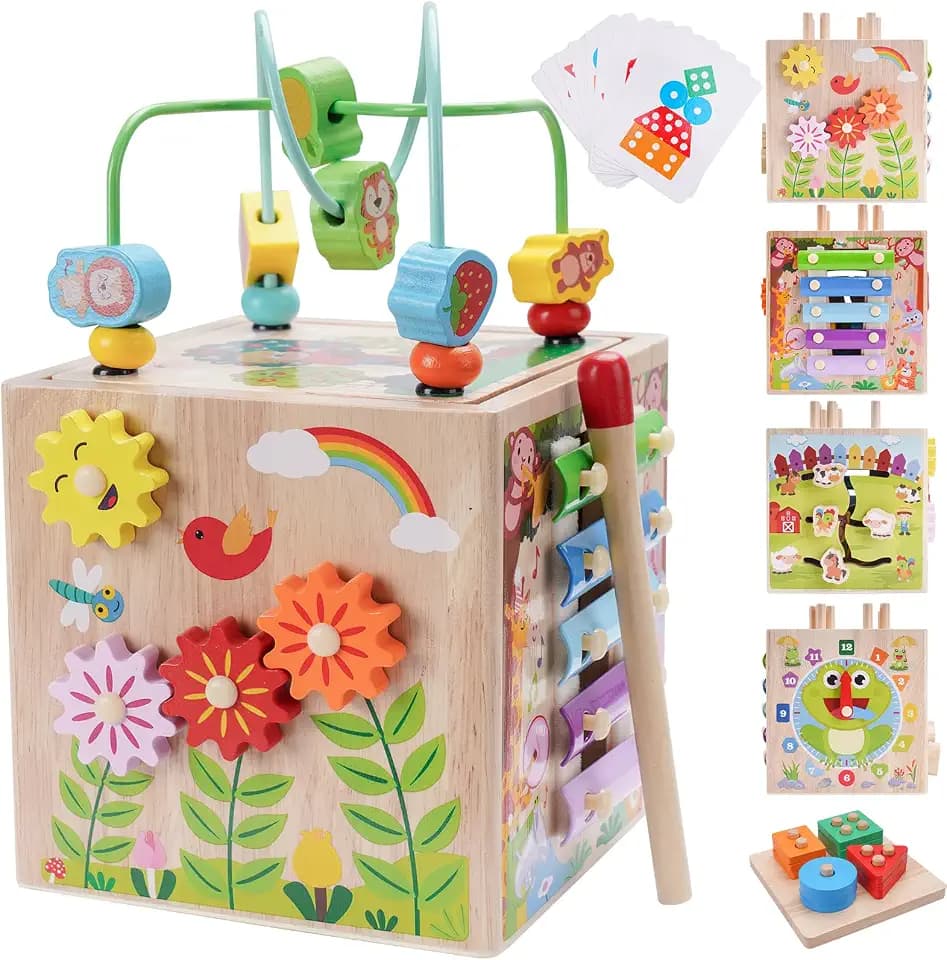 Wooden Activity Cube | Montessori Toys for 1 2 3 Year Old Toddler Gifts