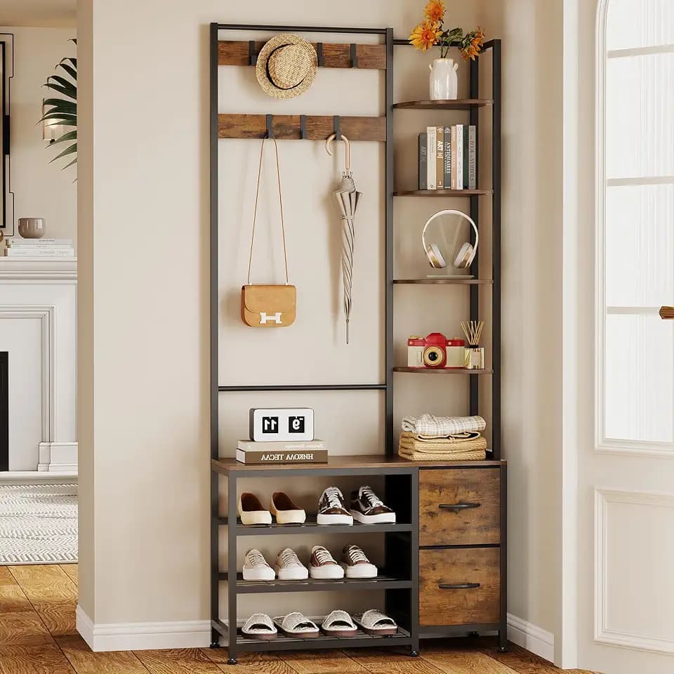 GiftGo Hall Tree with Shoe Storage 31.5" Entryway Coat Rack with 4 Shelves Floor Standing Clothes Rack Shoes Shelf Organizer for Home Office Bedroom