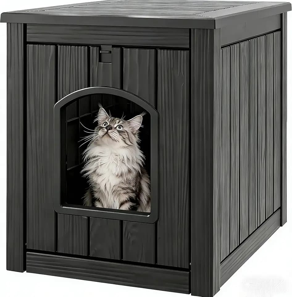 Cat Litter Box Enclosure, Plastic Outdoor Cat House Weatherproof, Multi-Functional Hidden Litter Box Furniture for Living Room, Backyard, Patio, Black