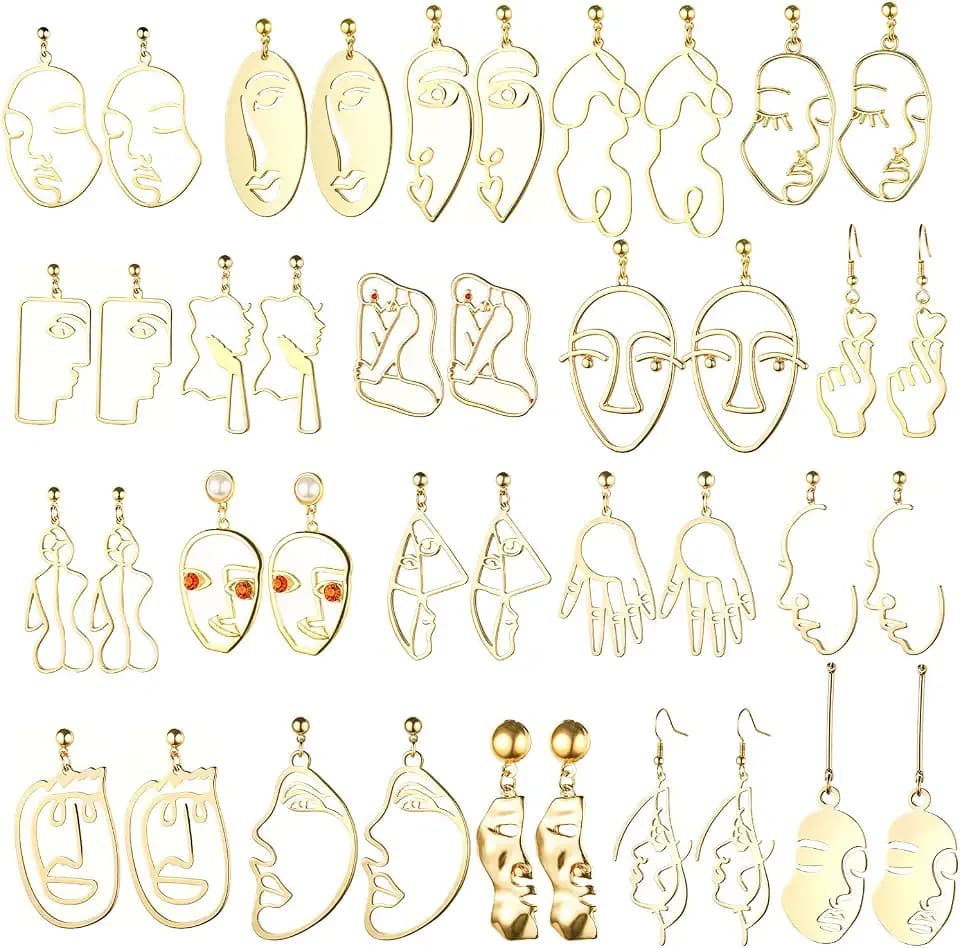 20 Pair Human Face Abstract Design Earrings Face Hand Earrings Hollow Hand Shaped Geometric Earrings