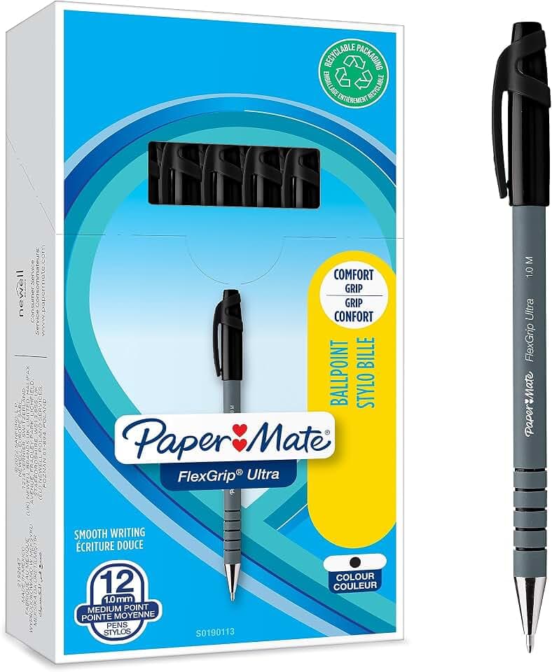 Paper Mate Flexgrip Ultra-Kugelschreiber mit Kappe | mittlere Spitze (1,0 mm) | schwarz stifte set | Schulsachen und bürobedarf | 12er-Box