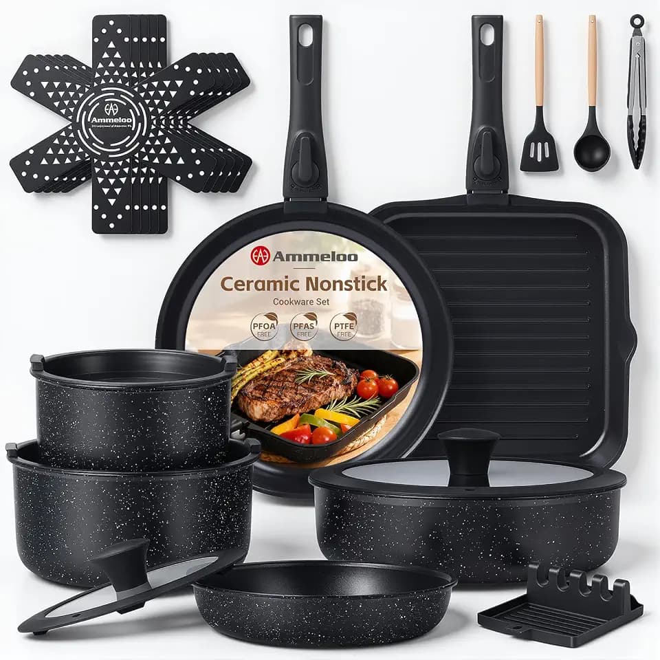 Ammeloo 21Pcs Pots and Pans Set Non Stick with Detachable Handle, Grill Pan