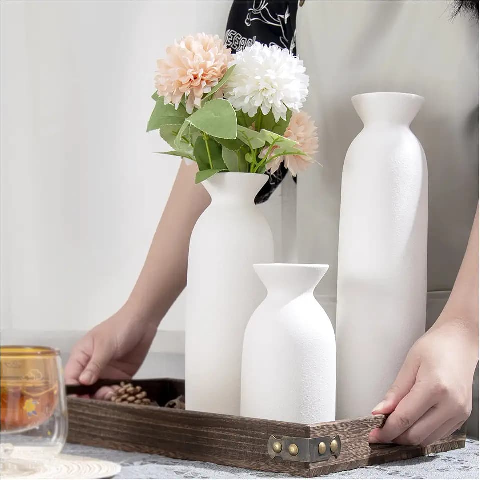 Matte Ceramic Vase Set of 3, Large White Vases for Decor Modern Farmhouse, 3 Pack Boho Cylindrical ​Vases for Dining Room Table, Shelf, Mantel, Coffee Table, Living Room