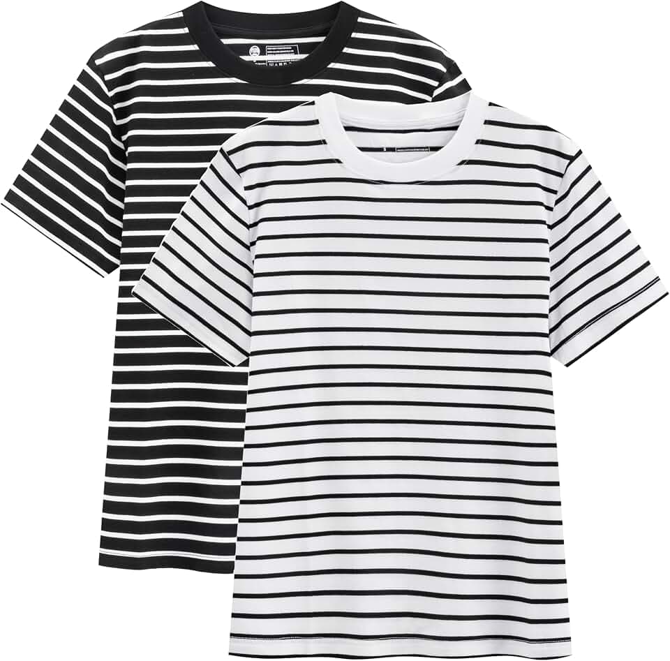 Women's Striped Shirt Basic Short Sleeved Round Neck Striped T-Shirt, Casual Summer Clothing，2 Pack