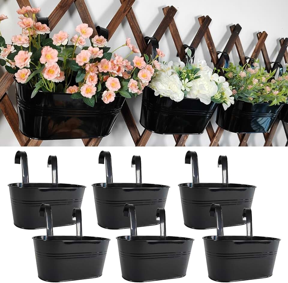 10" Metal Hanging Planter for Railing with Detachable Hooks, Black, 4 Pcs