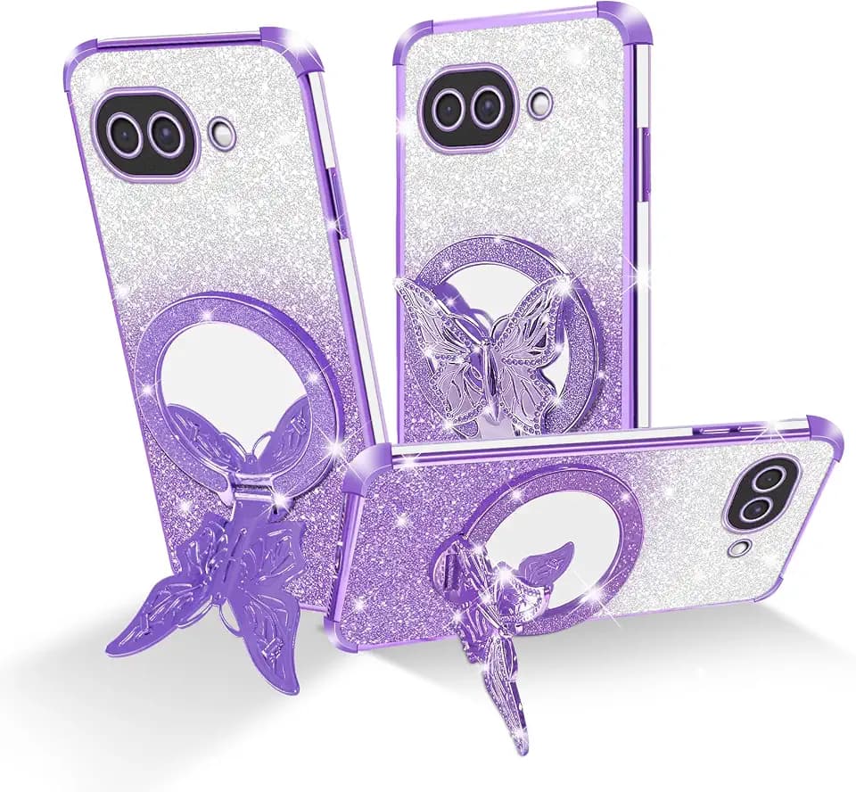 Glitter Butterfly Case for Google Pixel 10A with 4 Airbag Corners Shockproof Protective Phone Case, Kickstand Sparkle Bling Cute Women Girls Anti-Scratch Drop Protection Cover - Purple