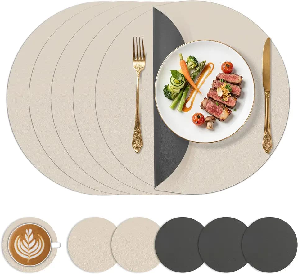 KitchenBoss Tischsets Abwaschbar Platzsets Ø 38cm, 6er Rund Platzdeckchen Lederoptik mit Untersetzer Hitzebeständig Doppelseitigen Wasserdicht, Anthrazitgrau + Beige