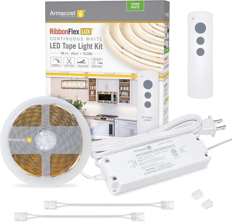 Armacost Lighting RibbonFlex Home Continuous (COB) LED Tape Light Kit with Remote - 16ft. (5M),Continuous (Cob) 3000k White
