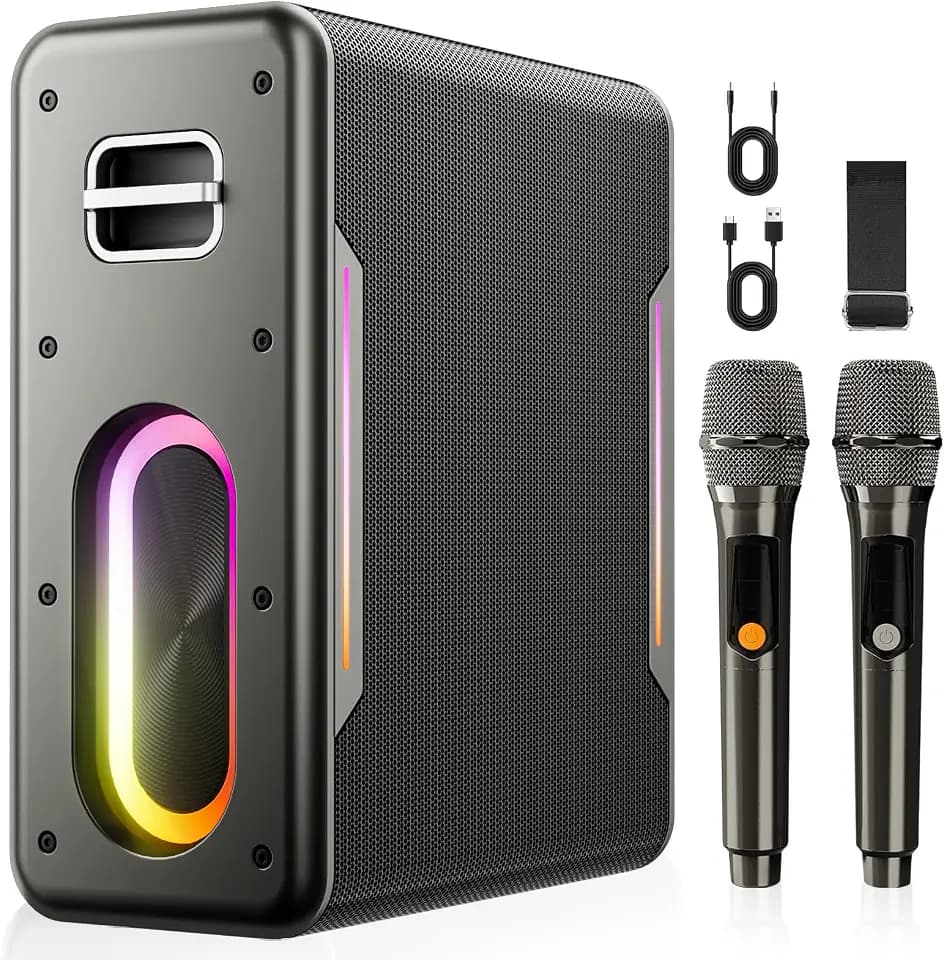 Karaoke Machine for Adults, Portable Bluetooth Karaoke Speaker with 2 Wireless Microphones, 2 Voice Mode & LED Party Lights, Birthday Gifts for Kids Family,Supports BT/TWS/AUX/USB/TF
