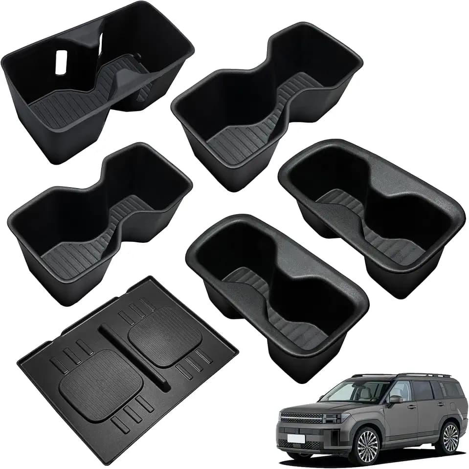 6PCS Cup Holder Inserts & Wireless Charging Protective Mat for Hyundai Santa Fe 6/7 Seat 2026 2025 2024 Accessories - Front Center Console/2nd/3rd Row Cup Holders Organizer Wireless Charger Pad