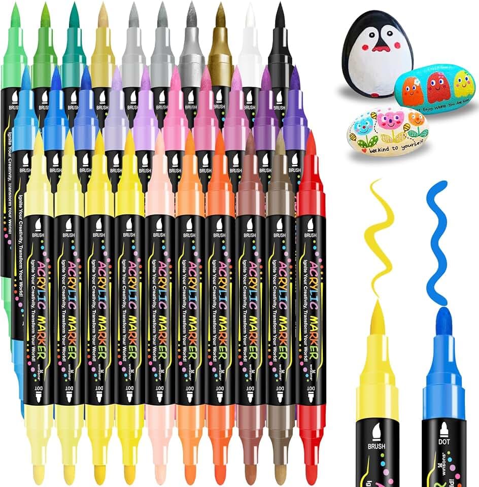 WINSONS Acrylstifte 30 Farben, Ungiftig, Permanent Marker für Handarbeit