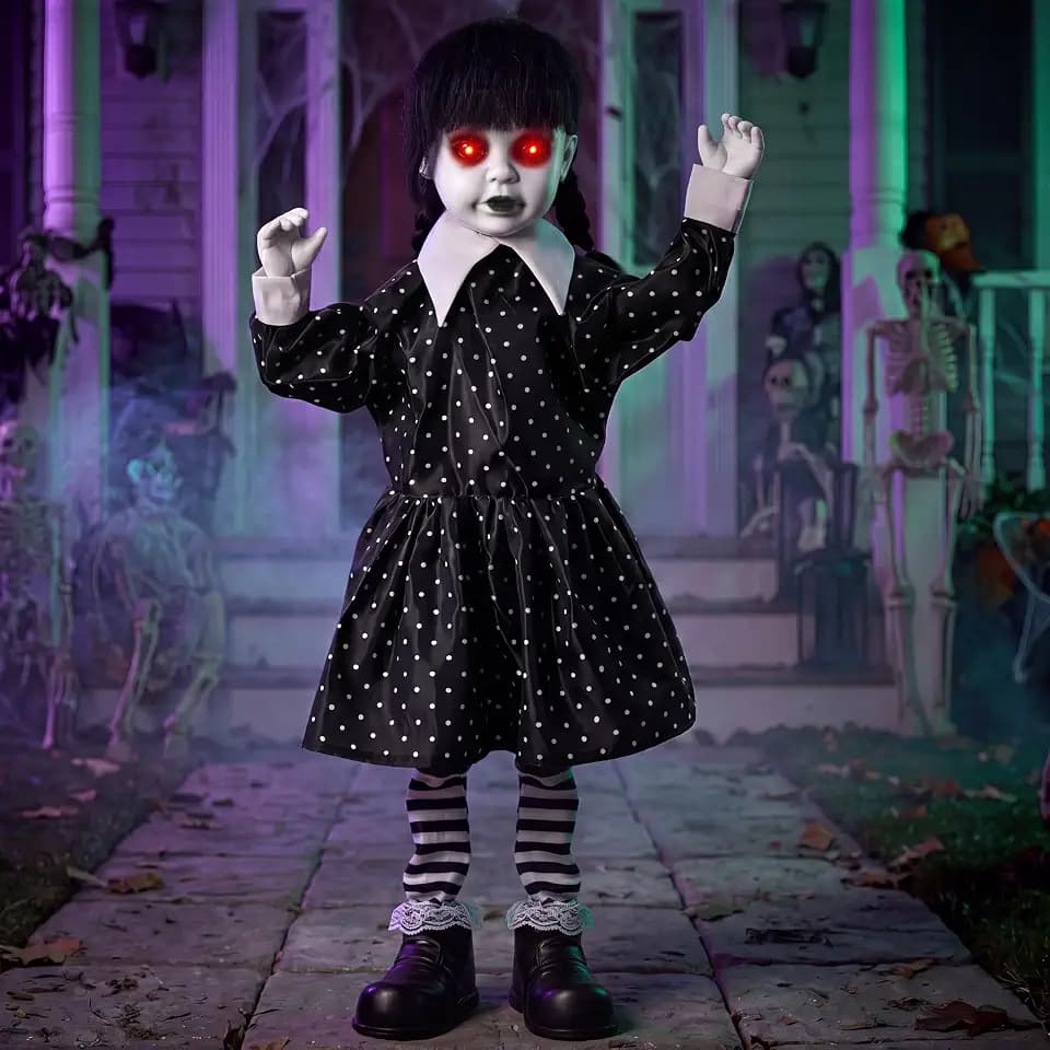 JOYIN Halloween Animatronic School Girl in Black Dress Decoration Outdoor, Sound Activated Spooky Ghost Doll Prop with Glowing LED Eyes, Creepy Sounds, Scary Haunted House Props for Yard Lawn