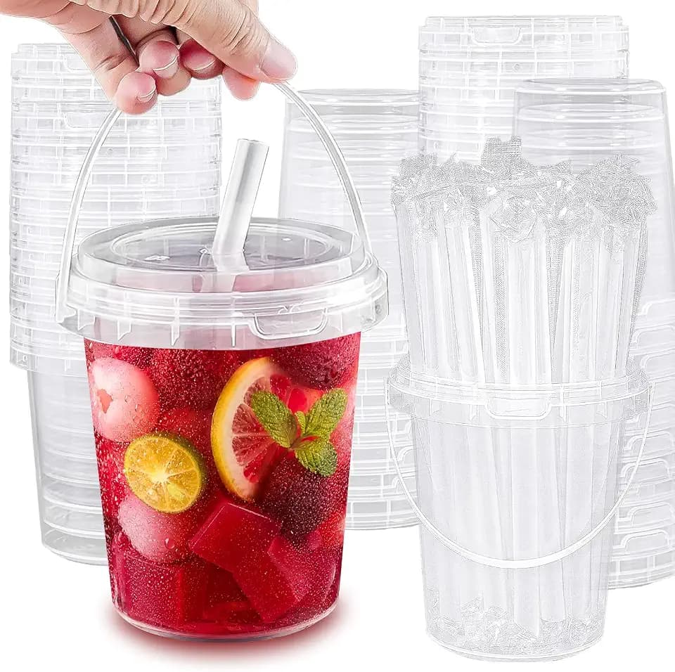 30 Sets - 34 oz Plastic Cups with Lid and Straw,Disposable Coffee Cups with Lids for Iced Coffee,Smoothie,Milkshake,Cold & Hot Drinks, Sturdy/Food Safe/Reusable Clear Party Cups for Pool, Beach Party