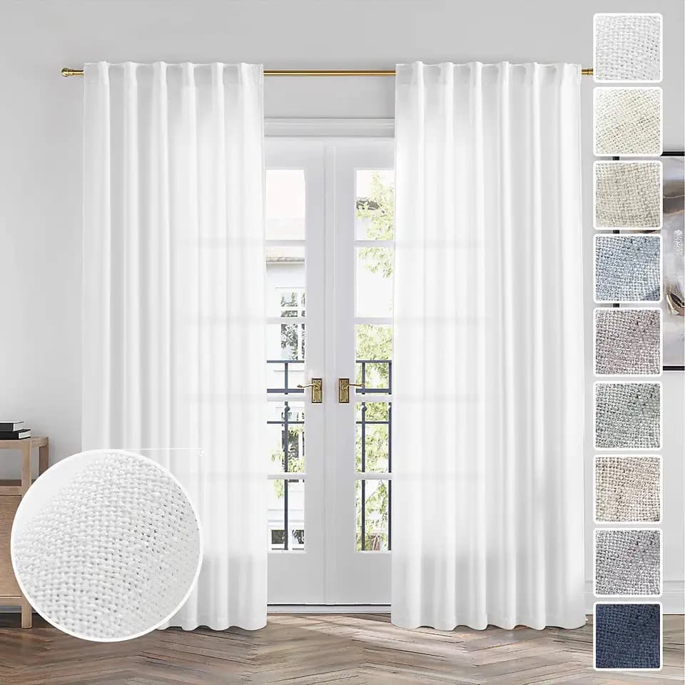 Semi Sheer White Linen Curtains 96 Inches Long for Living Room 2 Panels Set Back Tab Light Filtering Modern Farmhouse Bohemian Linen Textured Drapes for Sliding Glass Door, 50x96 in Length