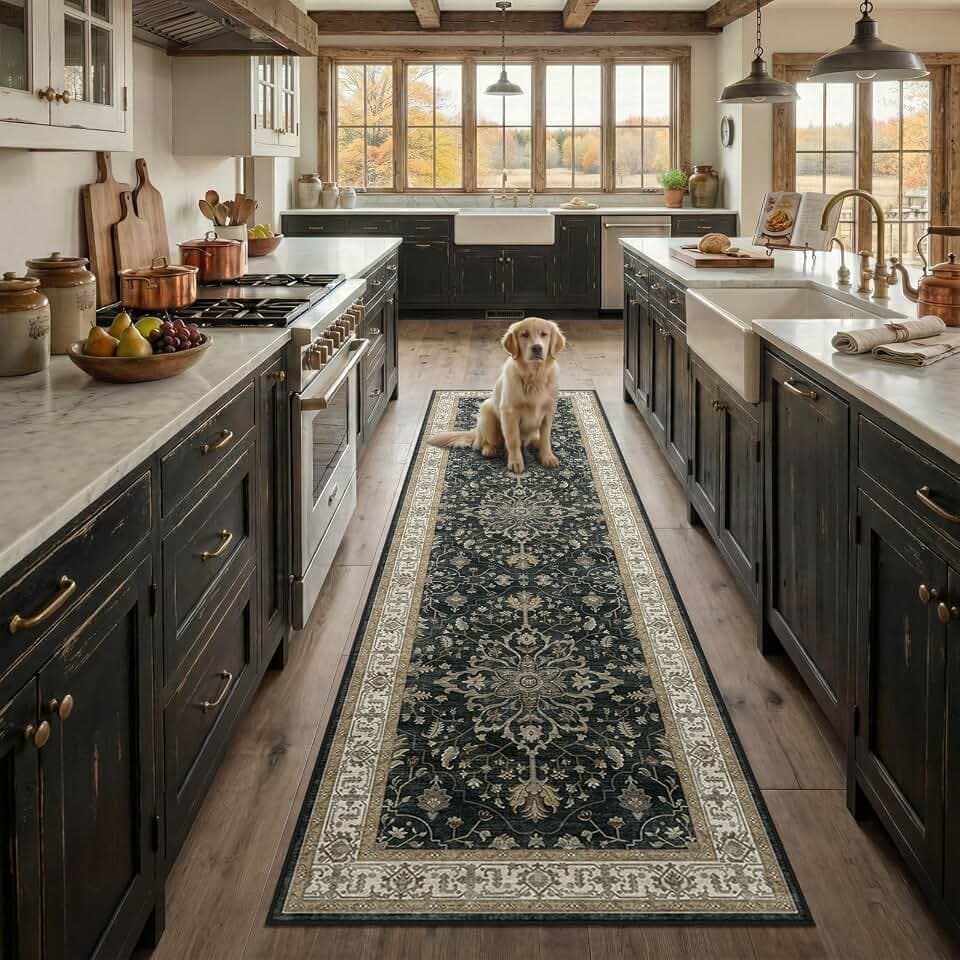RELEANY Washable Area Rug, Runner 2'x8', Black/Vintage/Beige