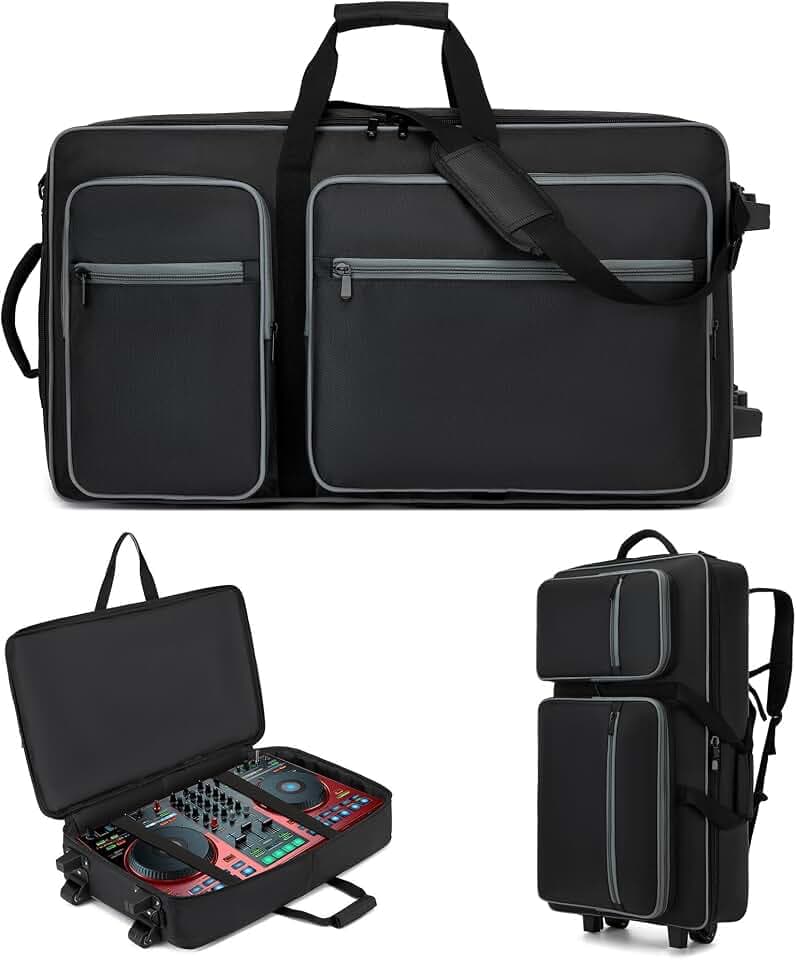 DJ Case with Wheels Compatible with DDJ FLX10/1000/1000SRT/REV7/REV5/SCLIVE 4,DJ Controller Case for Pioneer DJ Equipment,DJ Controller Bag with Multi-pocket for DJ Accessories,Soft DJ Backpack