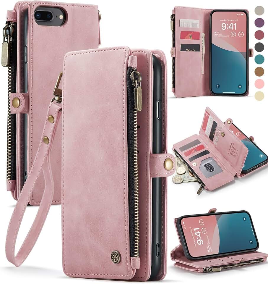 Defencase for iPhone 8 Plus/ 7 Plus Wallet Case with Card Holder, Rose Pink