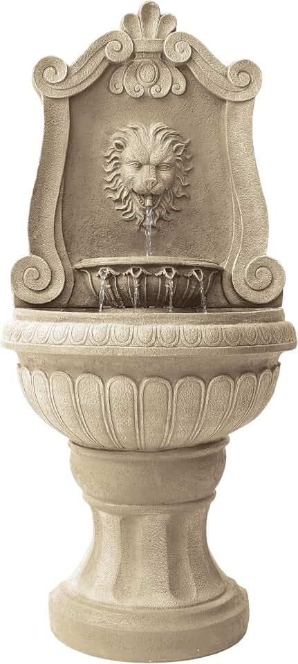Xbrand 52.4" Sandstone Lion Head Floor Fountain, Two-Tier Outdoor Water Feature, Durable Resin Construction