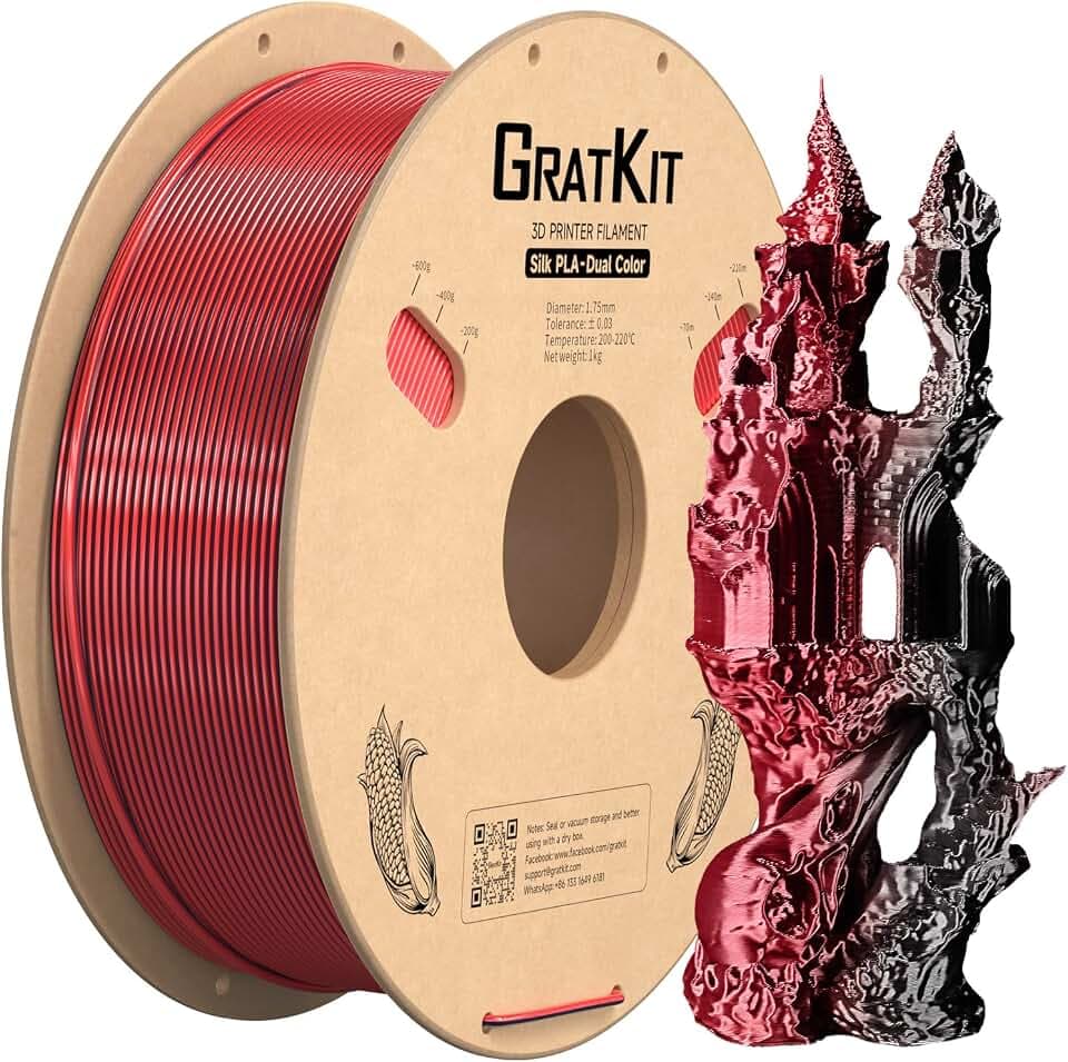 GratKit Silk PLA Filament für 3D Drucker, 1kg, Dual Color Schwarz & Rot