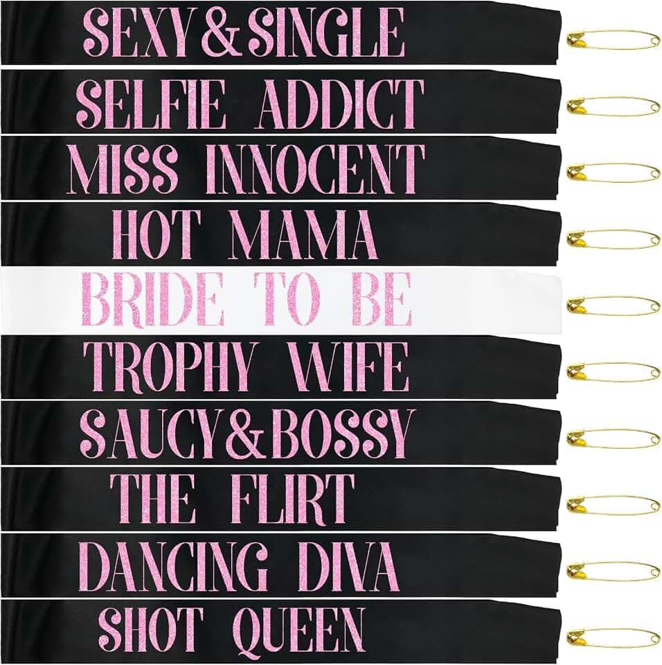 10 Pcs Bachelorette Party Sashes set - White Bride to Be Sash and Black Bridesmaid Sashes for Bachelorette Bridal Shower and Hen Party Decorations Favors (Glitter Hot Pink Letters)