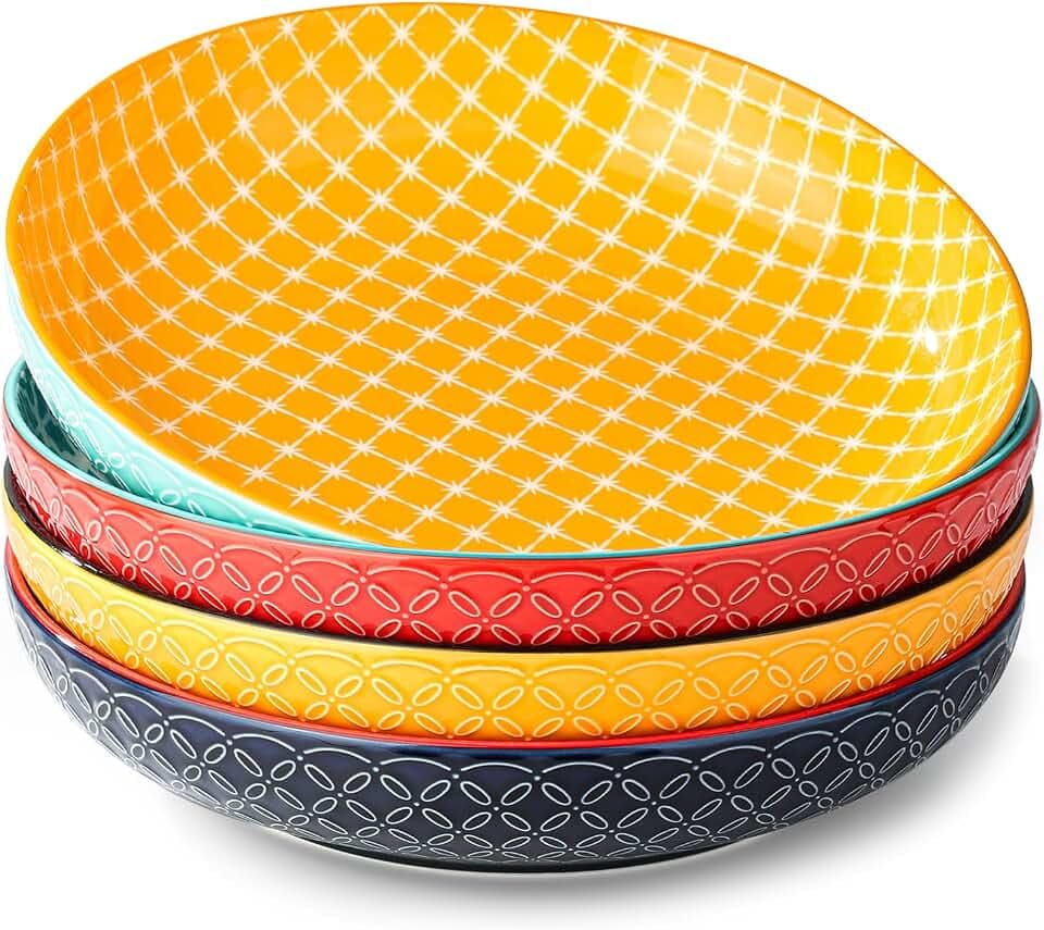 DOWAN Pastateller Groß Tief 4er Set, Ø 25,2 cm Porzellan, 1480 ml Suppenteller Tief, Pastaschale Rund, Klassische Nudelteller, Bowl Teller Keramik für Pasta, Nudeln, Suppe, Salat-Lebendige Farben