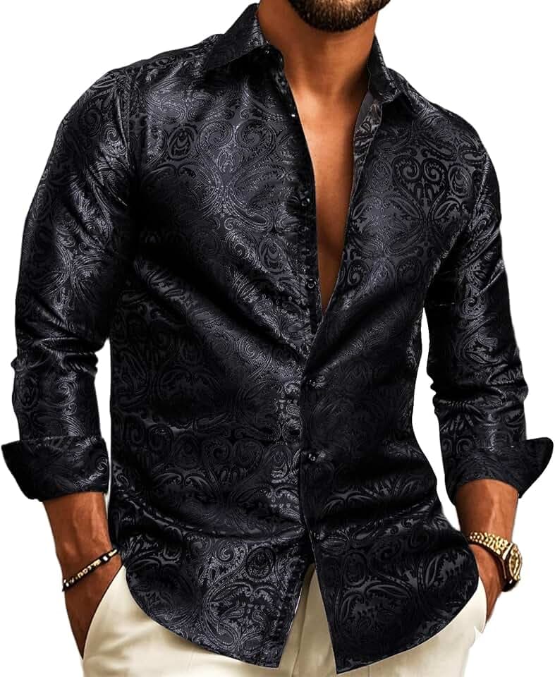Barry.Wang Men's Paisley Shirt Bequemer Schnitt für große und große Männer Seide Jacquard Business Hochzeit Freizeithemd für Männer