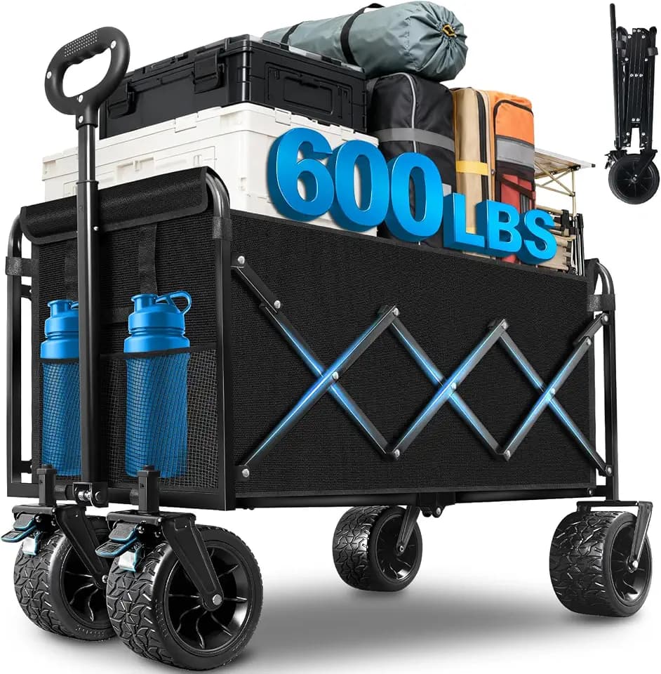 600LBS Beach Wagons Carts Foldable for Sand, Heavy Duty Collapsible Wagon with Brakes & All-Terrain Big Wheels, Large Foldable Folding Wagons for Beach Camp Sports Grocery, Portable
