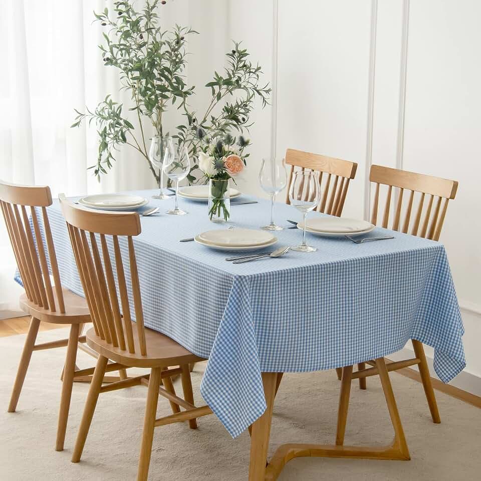 maxmill Checkered Rectangle Tablecloth for Dining Room Water Resistance Antiwrinkle Spillproof Heavy Weight Soft Gingham Plaid Kitchen Table Cloth for Holiday Dinner, 60 x 104 Inch Light Blue White