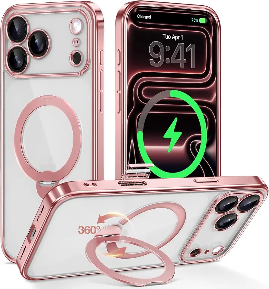 GolbinBox for iPhone 17 Pro Case with 360° Spin Magnetic Stand,[Compatible with Magsafe] [Military Protection][Built-in Ring Holder] Camera Control Phone Case for 17 Pro,Pink/Clear