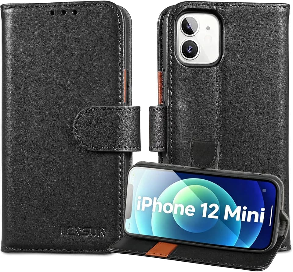 LENSUN Echtleder Handyhülle für iPhone 12 Mini, Schwarz | Echtes Leder Hülle, Magnetverschluss, RFID Schutz Kartenfach, Handytasche, Flip Lederhülle