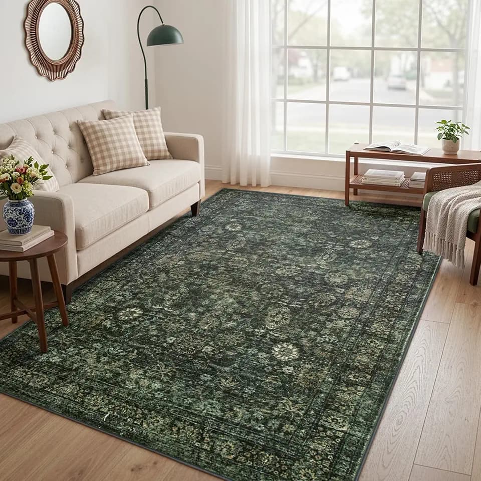 Morebes Washable Dark Green Area Rugs 6x9, Vintage Boho Large Living Room Rugs Non Slip, Distressed Soft Indoor Accent Floor Mat Throw Carpet for Nursery Kitchen Coffee Table Dining Dorm