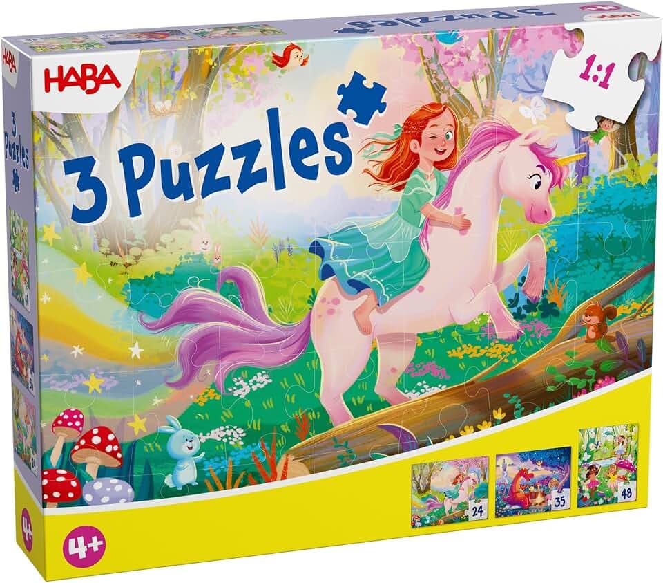HABA Puzzles Zauberträume – 3er Set Kinderpuzzles mit echtem Glitzer-Effekt – Motive: Einhorn, Fee & Prinzessin – Ab 4 Jahren – 24, 35 & 48 Teile 2013401001