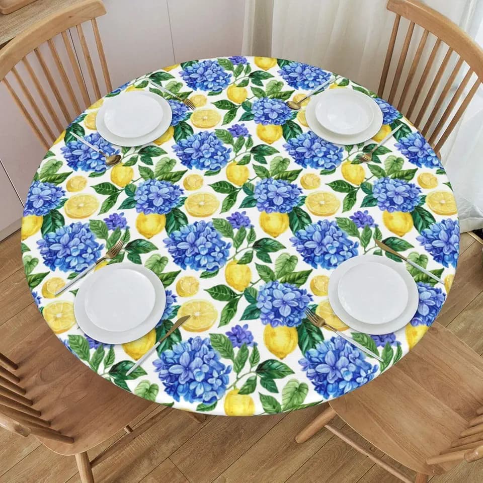 KiuLoam Summer Hydrangea Lemon Round Fitted Tablecloth with Elastic Edge Yellow Fruit Blue Floral Farmhouse Table Cloth 45-50 Inch Washable Outdoor Table Cover for Picnic Dinner Patry Decor