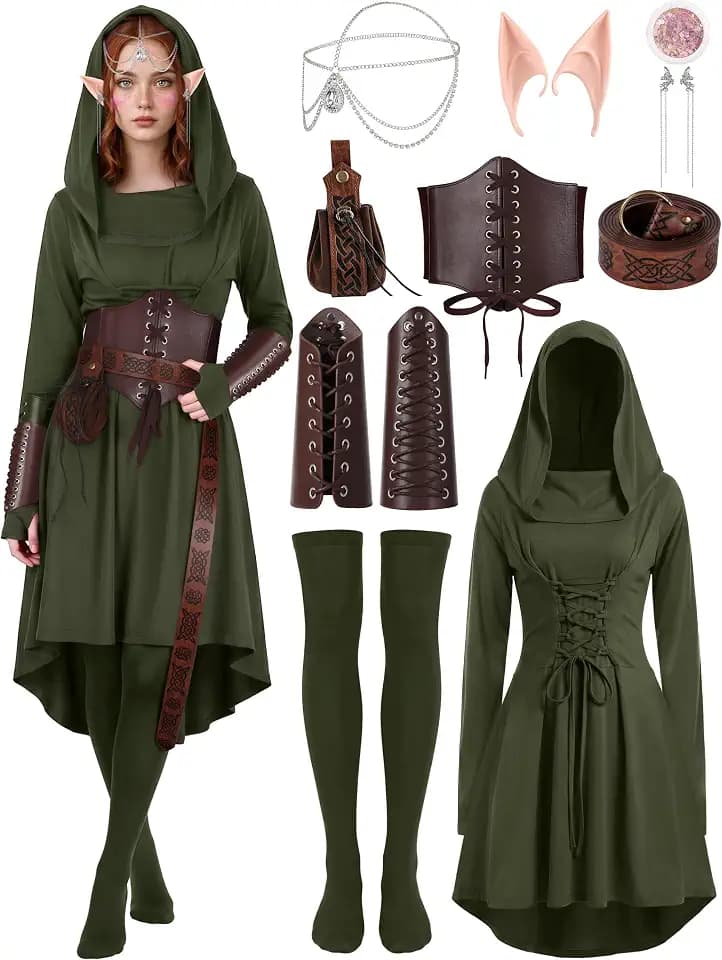 10 Pcs Women Renaissance Halloween Fairy Costumes Medieval Elf Dress S-XXL