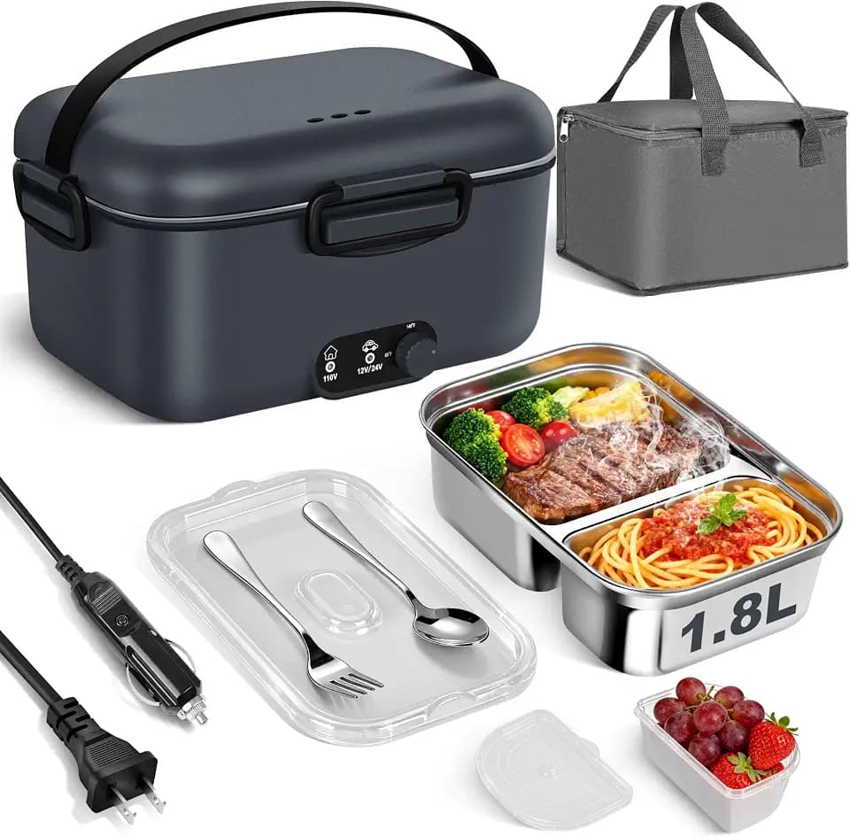 Electric Lunch Box Food Warmer 1.8L - 100W Mechanical Temperature Control Heated Lunch Box for Adults, 12V/24V/110V Fast Heating Lunchbox Food Heater for Work/Car/Truck, Fiambrera eléctrica portátil