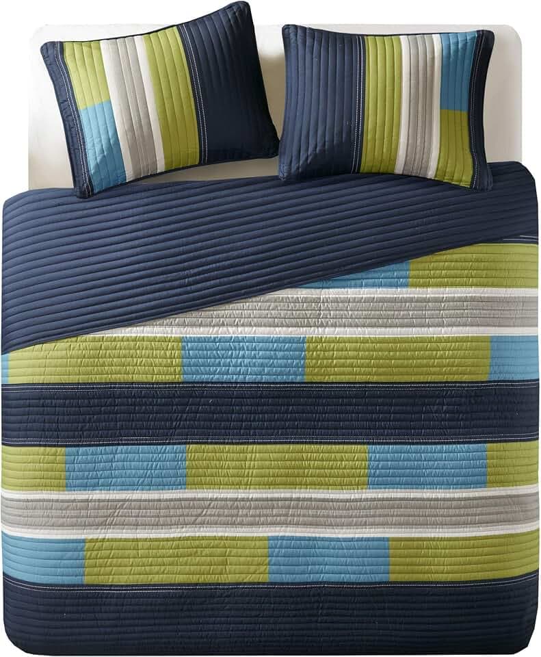 Comfort Spaces CS14-0861 2 Piece Quilt Coverlet Bedspread All Season Lightweight Hypoallergenic Pipeline Colorblock Kids Bedding Set, Twin/Twin XL, Pierre Navy/Blue Stripe
