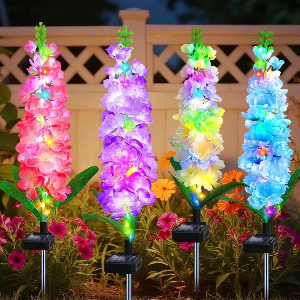 Solar Garden Lights Outdoor 4 Pack, 80 LED Delphinium Flowers, 2 Modes