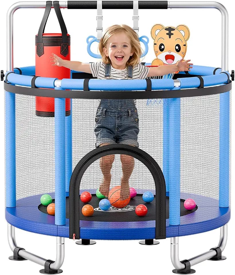 VEVOR Trampolin Mini für Kinder mit 60 kg Tragkraft Sicherheitsnetz, Gartentrampolin Outdoor mit Basketballkorb, Basketball und Turnringe für Kinder (Blau, 142 x 142 x 150 cm)