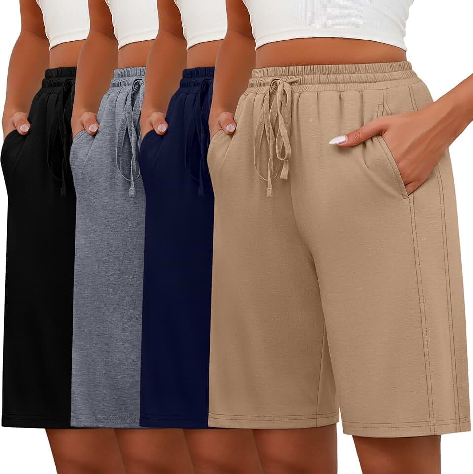 Geyoga 4er-Pack Bermuda-Shorts für Damen, Baumwoll-Shorts mit Kordelzug, Elastischem Bund, Weitem Bein und Taschen