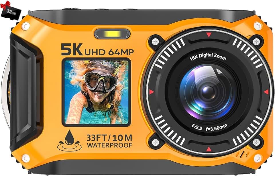 5K Underwater Camera 64MP 33FT Waterproof, 32GB Card Dual-Screen Dustproof