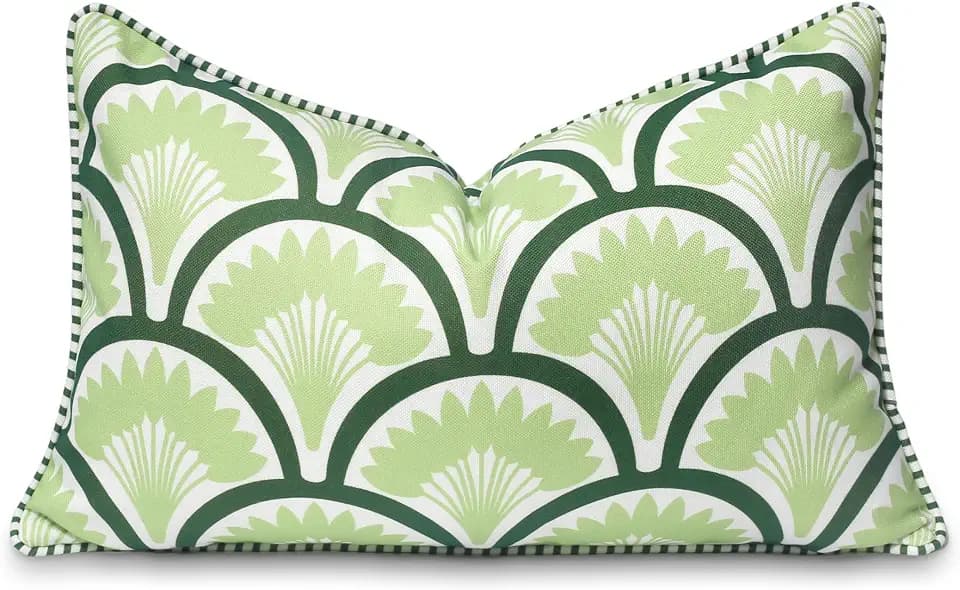 Hofdeco Premium Coastal Patio Indoor Outdoor Lumbar Pillow Cover Only, 12"x20" Water Repellent for Backyard, Couch, Green Print Tropical Ravenala Palm Tree
