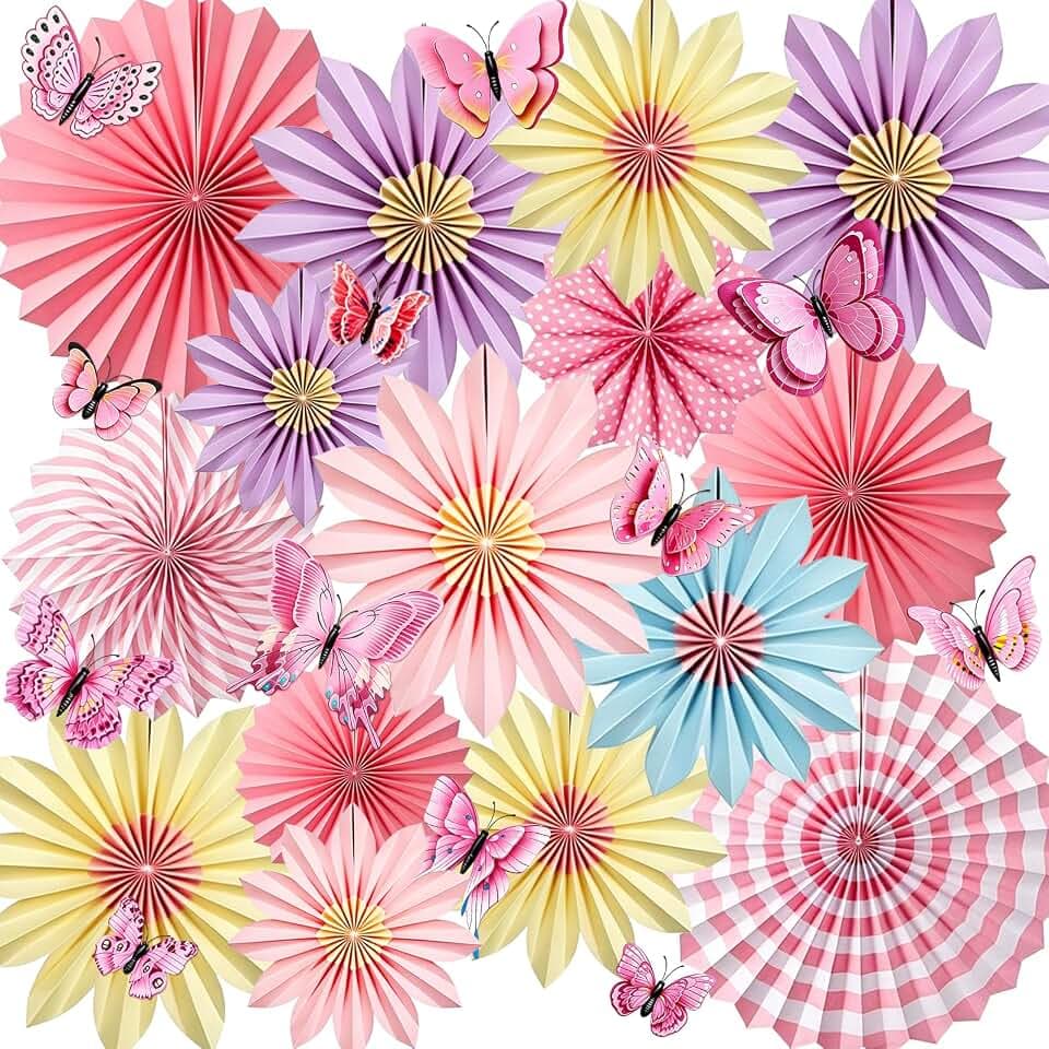 clelize 27 Pcs Pastel Paper Flowers Decorations for Wall, Hanging Paper Fans & Butterflies Floral Backdrop Decorations for Birthday Wedding Classroom Valentine Party Supplies (Style 2)