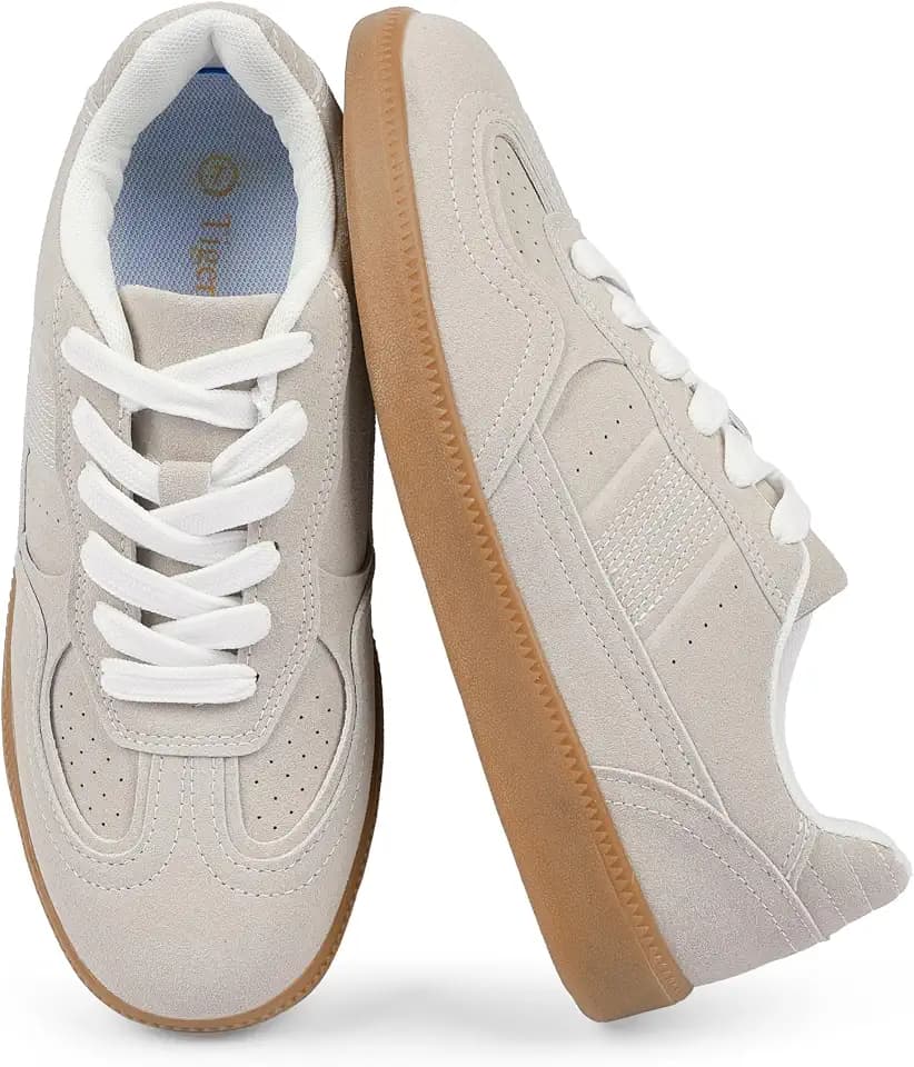 Tigeridea Suede Beige Sneakers for Women Flat Fashion Womens Sneakers Rounded Toe LCE up Causal Tennis Shoes Women Dressy Work Shoes Women Size 7.5