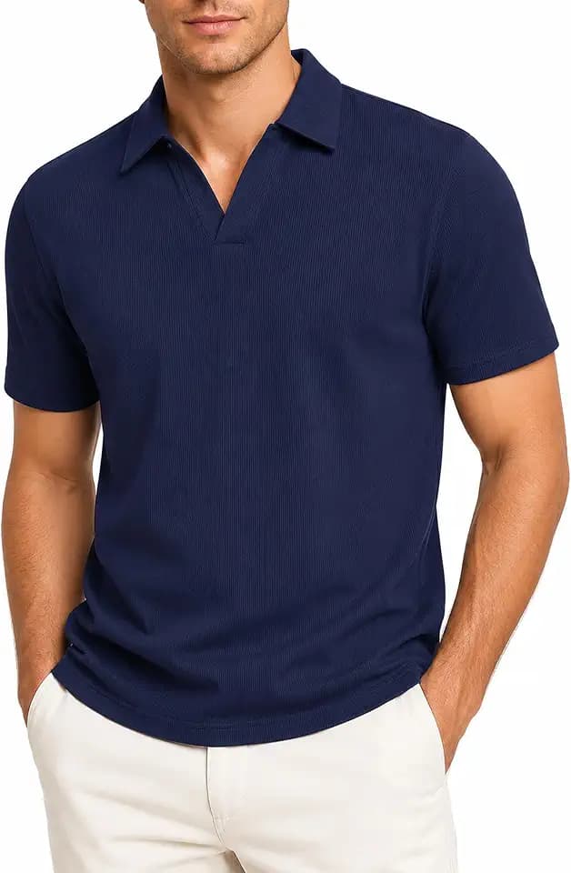 Men's Knit Polo Shirt Short Sleeve V-Neck Casual Polo