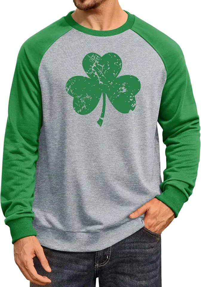 Arvilhill Mens St Patrick's Day Sweatshirts Raglan Soft Charm Shamrock Irish Long Sleeve Pullover (S-3XL)