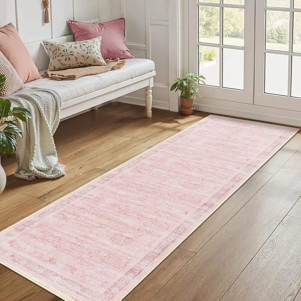 Pink Hallway Runner 2x6, Low Pile Aesthetic Bedside Runner for Bedroom Girls Kids Nursery Dorm, Kitchen Runner Rugs Non Skid Washable, Carpet Runners for Entryway/Foyer/Bedroom/Laundry Room